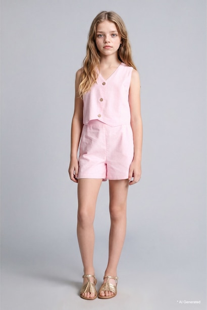 Girl Cotton Buttoned Vest Top Shorts 2 Piece Set