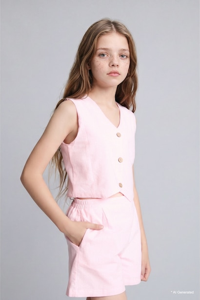 Girl Cotton Buttoned Vest Top Shorts 2 Piece Set