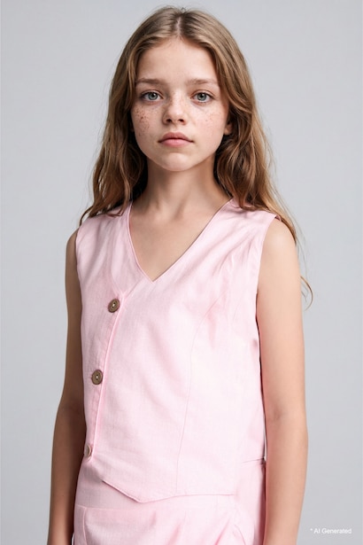 Girl Cotton Buttoned Vest Top Shorts 2 Piece Set