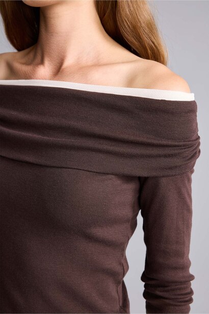 Slim Fit Omzu Açık Ribana Basic Tişört