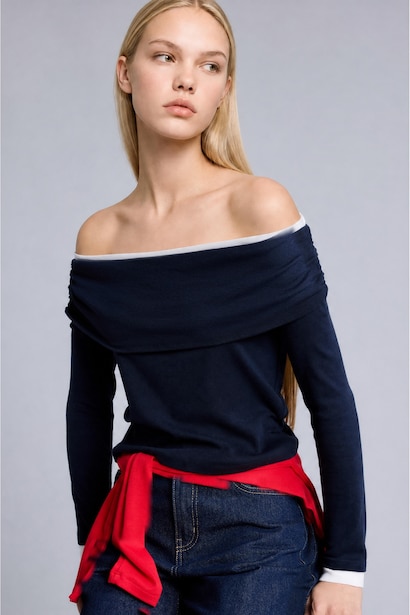 Slim Fit Omzu Açık Ribana Basic Tişört