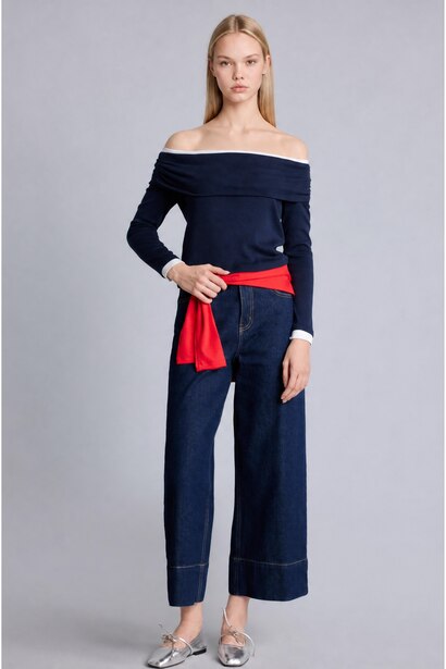 Slim Fit Omzu Açık Ribana Basic Tişört