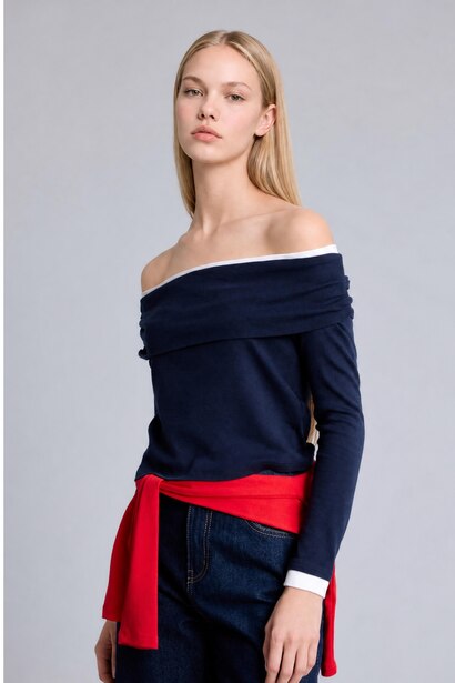 Slim Fit Omzu Açık Ribana Basic Tişört