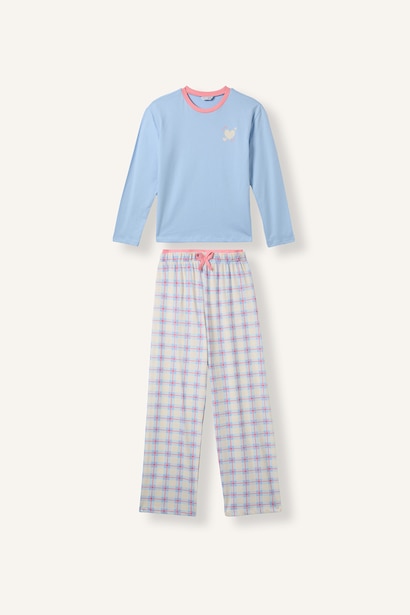 2'li Pijama Takımı Kareli Baskılı Kız Çocuk