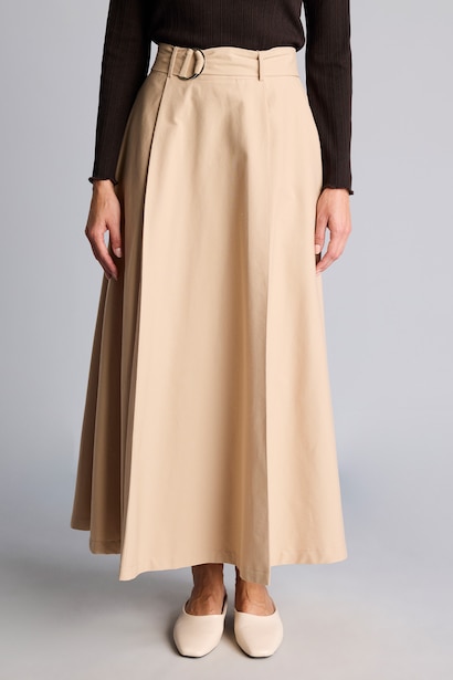 Kemerli Pileli Twill Maxı Etek