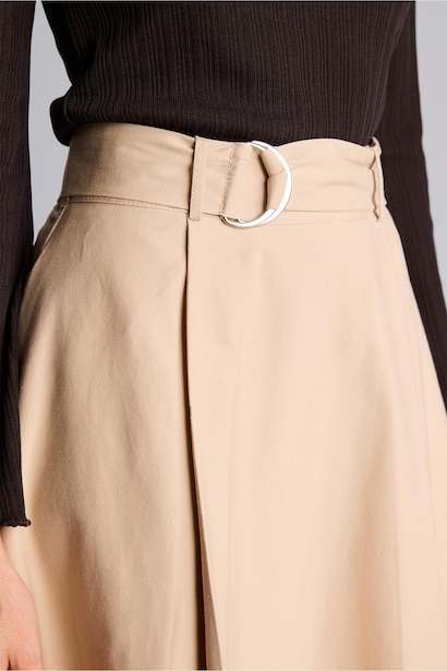 Kemerli Pileli Twill Maxı Etek