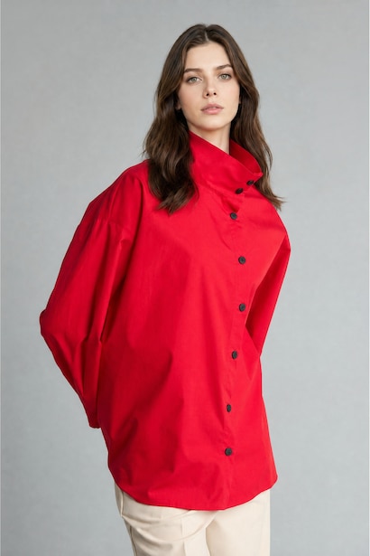 Asimetrik Düğmeli Poplin Tunik