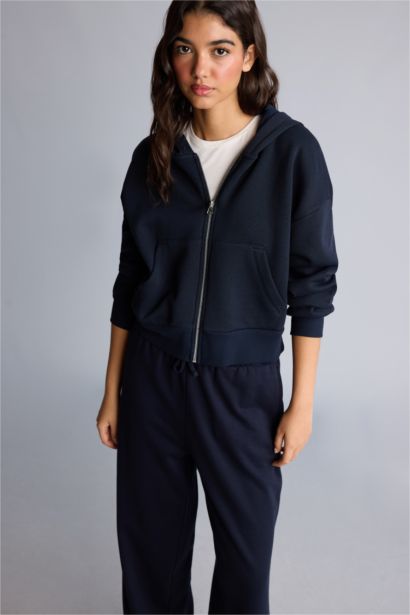 Regular Fıt Kapüşonlu Fermuarlı Basic Sweatshirt