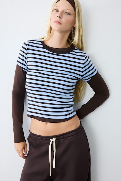 Fitted Ribbed Striped Crew Neck Short Sleeve T-Shirt