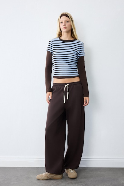 Fitted Ribbed Striped Crew Neck Short Sleeve T-Shirt