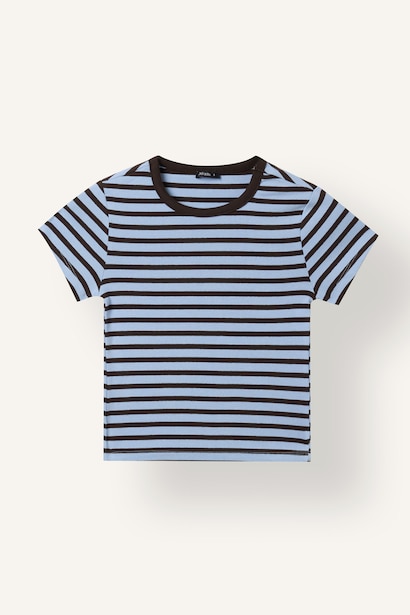 Fitted Ribbed Striped Crew Neck Short Sleeve T-Shirt
