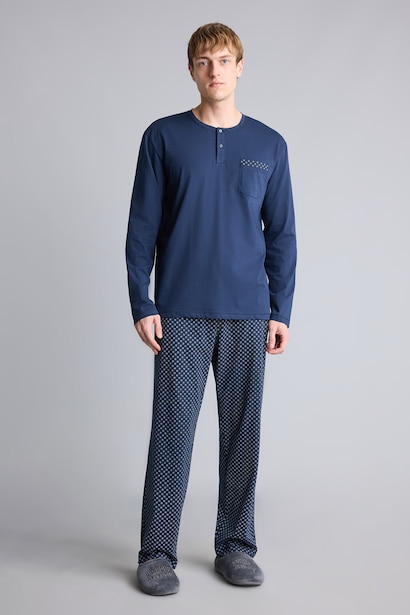 %100 Pamuk Regular Fit Henley Yaka 2'li Pijama Takımı