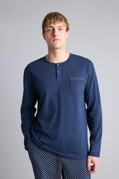 %100 Pamuk Regular Fit Henley Yaka 2'li Pijama Takımı