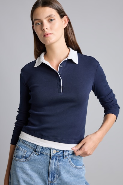 Slim Fit Kontrast Polo Ribana Basic Tişört