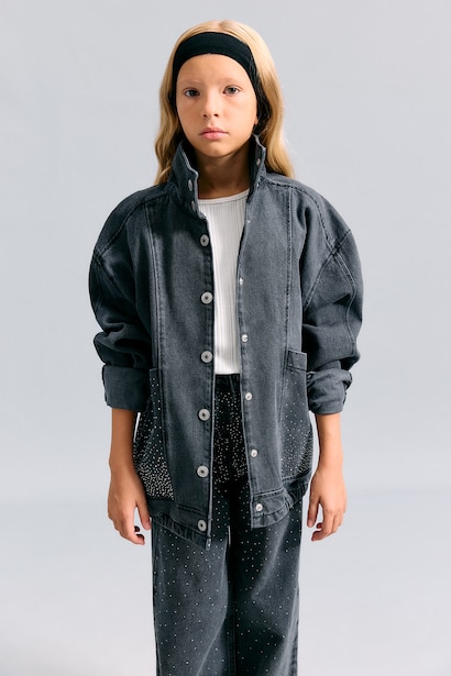Girl 100% Cotton High Neck Denim Jacket