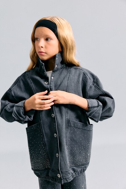 Girl 100% Cotton High Neck Denim Jacket