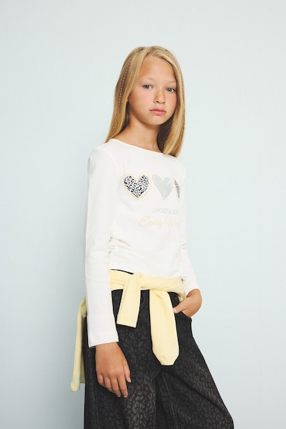 Girl Ribbed Heart Print Long Sleeved Boat Neck T-shirt