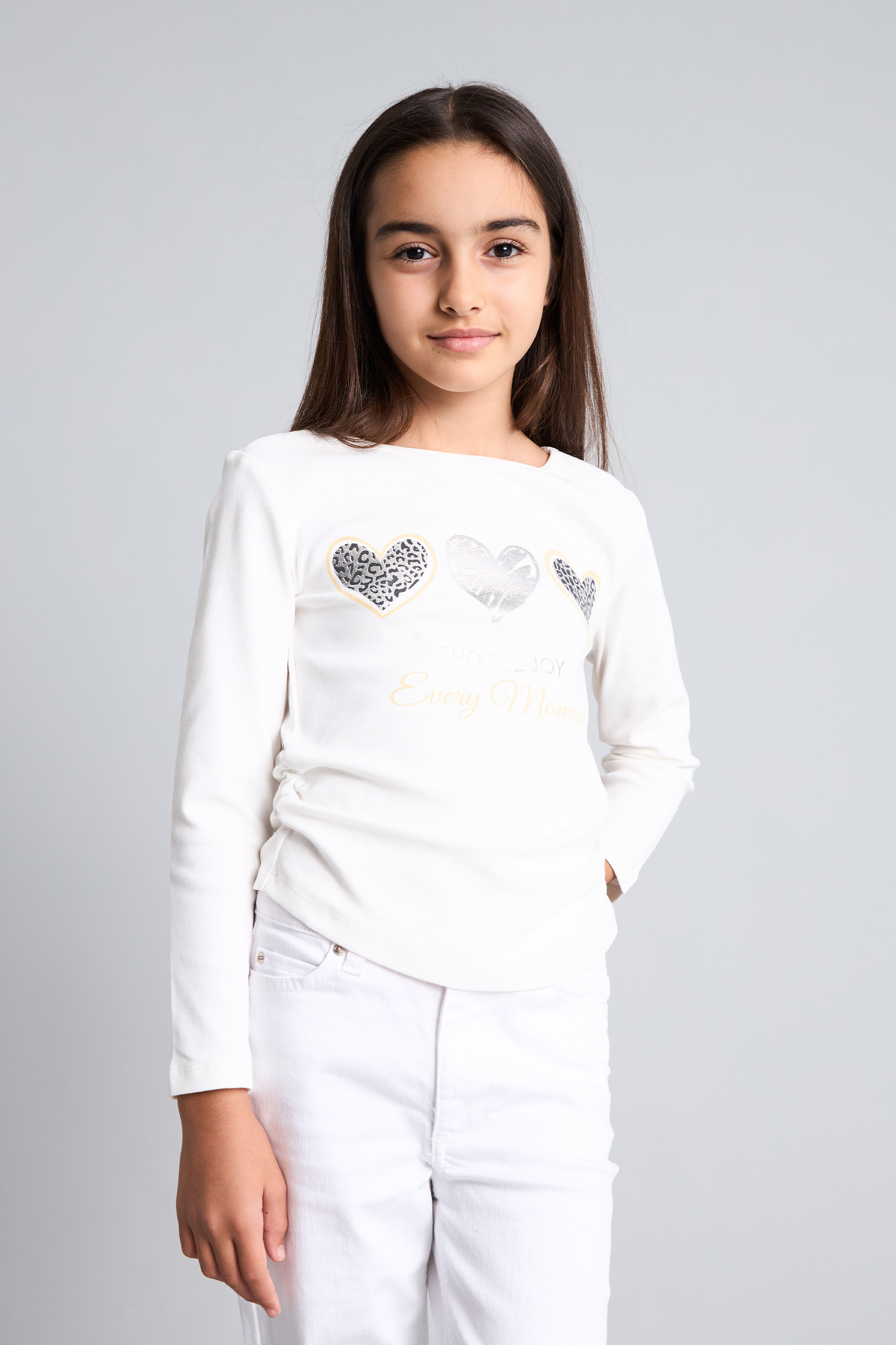 Girl Ribbed Heart Print Long Sleeved Boat Neck T-shirt