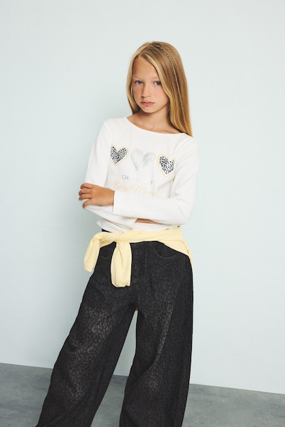 Girl Ribbed Heart Print Long Sleeved Boat Neck T-shirt