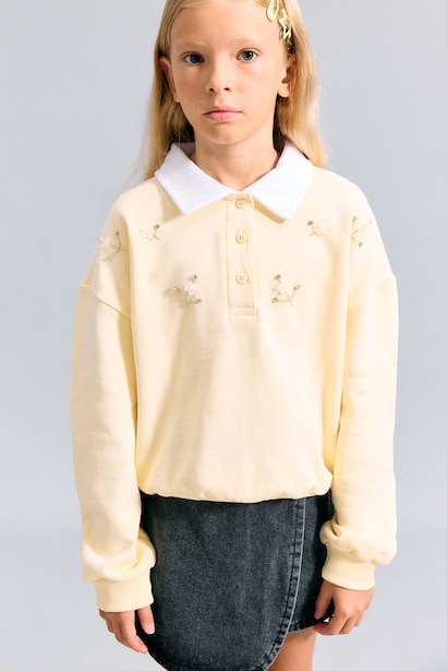 Girl Relaxed Fit Light Yellow 100% Cotton Polo Collar Long Sleeve Sweatshirt