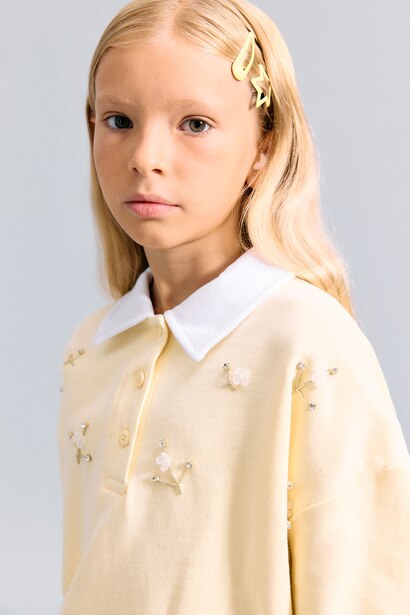 Girl Relaxed Fit Light Yellow 100% Cotton Polo Collar Long Sleeve Sweatshirt