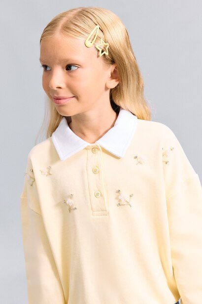 Girl Relaxed Fit Light Yellow 100% Cotton Polo Collar Long Sleeve Sweatshirt