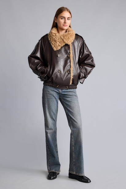 Peluş Yakalı Oversize Suni Deri Mont
