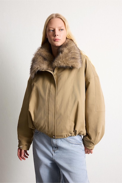 Oversize Şal Yaka Kürk Detaylı Mont