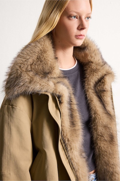 Oversize Şal Yaka Kürk Detaylı Mont