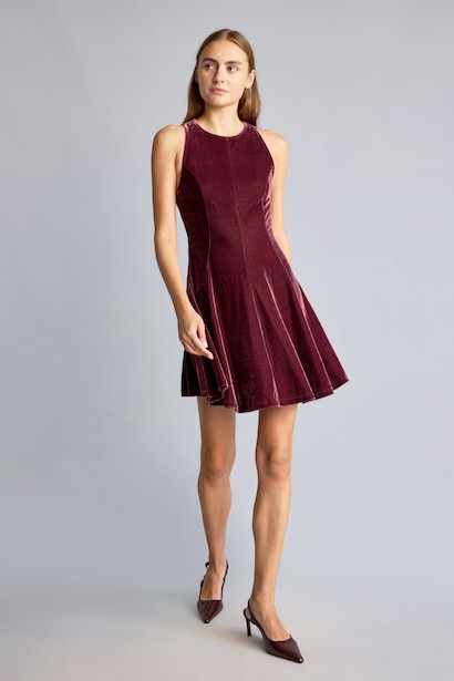 Flared Fit Short Sleeve Velvet Mini Dress