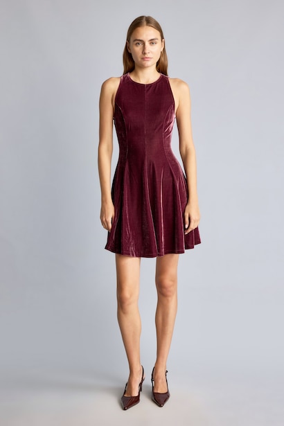 Flared Fit Short Sleeve Velvet Mini Dress
