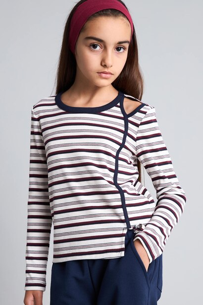 Girl Long Sleeve Ribbed Striped Shoulder Detail T-shirt