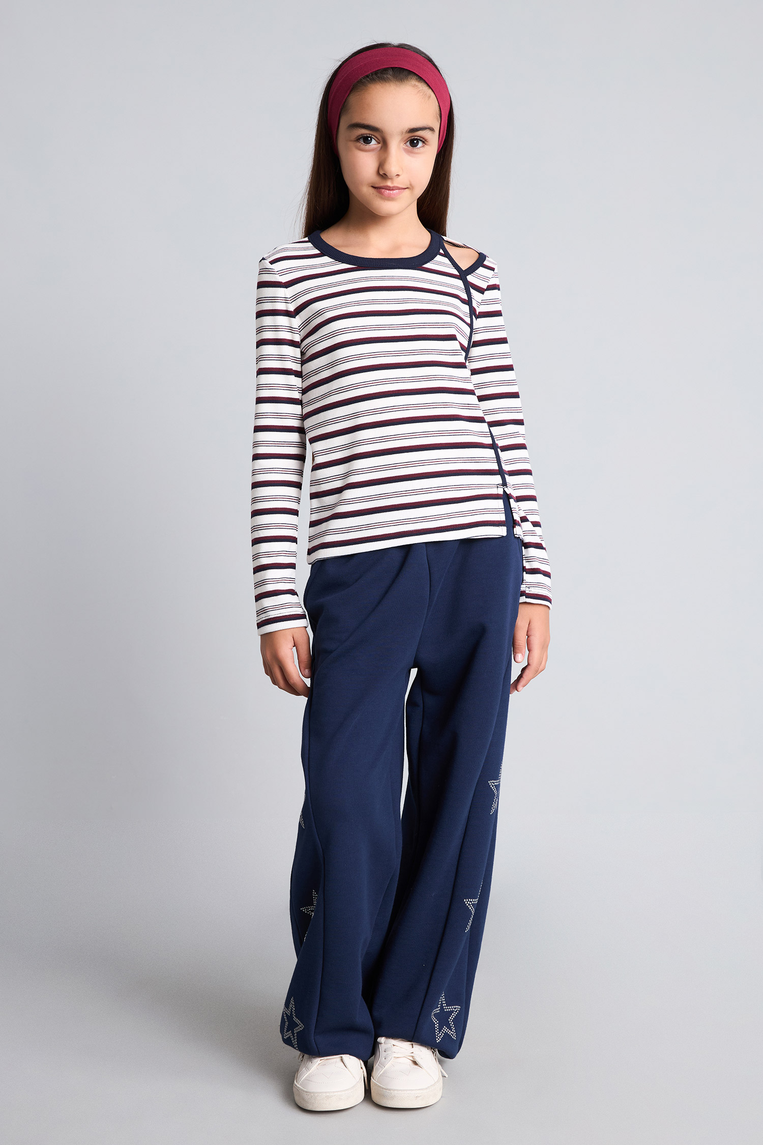 Girl Long Sleeve Ribbed Striped Shoulder Detail T-shirt