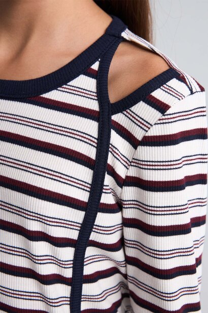 Girl Long Sleeve Ribbed Striped Shoulder Detail T-shirt