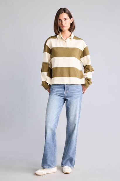 Long Fit Polo Yaka Çizgili Sweatshirt