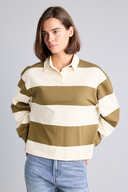 Long Fit Polo Yaka Çizgili Sweatshirt