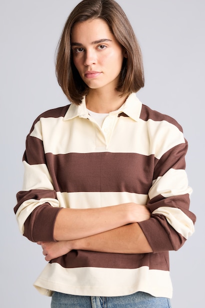 Long Fit Polo Yaka Çizgili Sweatshirt