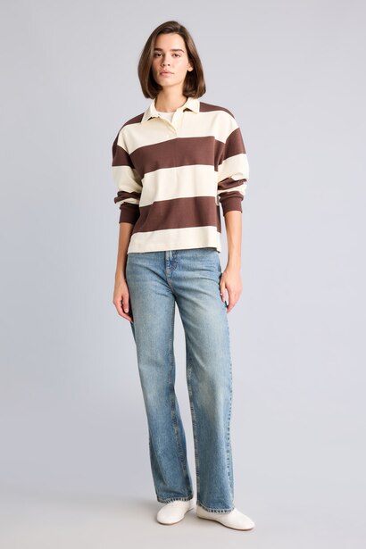 Long Fit Polo Yaka Çizgili Sweatshirt