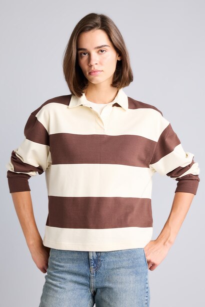 Long Fit Polo Yaka Çizgili Sweatshirt