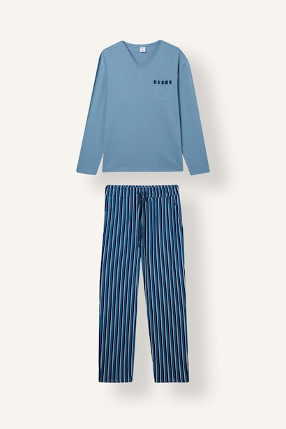 %100 Pamuk Regular Fit V Yaka Çizgili 2'li Pijama Takımı