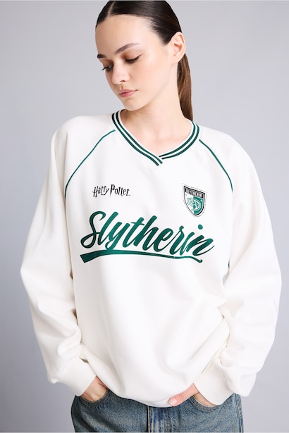 Harry Potter Baskılı Oversize V Yaka Sweatshirt