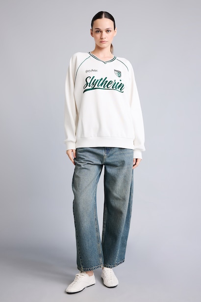Harry Potter Baskılı Oversize V Yaka Sweatshirt