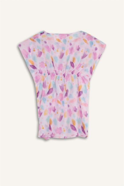 Yuvarlak Yaka Büzgülü Bel Desenli Panço Kız Çocuk
