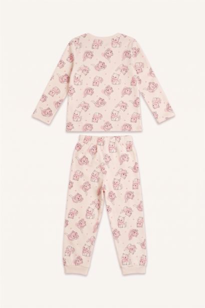 %100 Pamuk Baskılı Uzun Kollu Pijama Üstü Esnek Belli Alt 2'li Pijama Takımı Kız Bebek