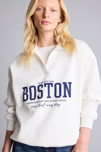 Relax Fit Polo Yaka Baskılı Sweatshirt
