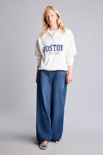Relax Fit Polo Yaka Baskılı Sweatshirt