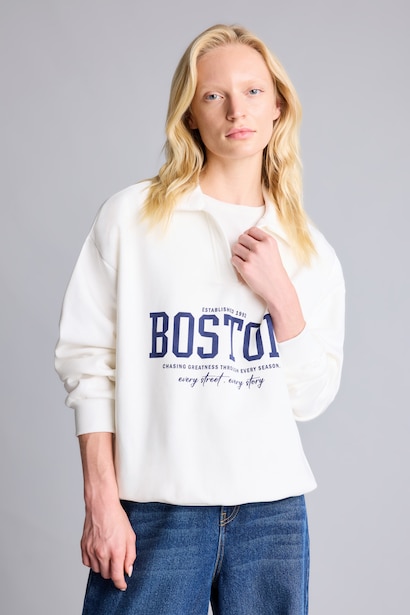 Relax Fit Polo Yaka Baskılı Sweatshirt