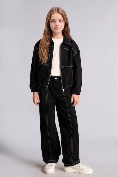 Kontrast Dikişli Barrel Fit Pantolon Kız Çocuk