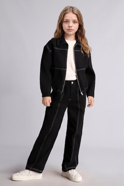 Kontrast Dikişli Barrel Fit Pantolon Kız Çocuk