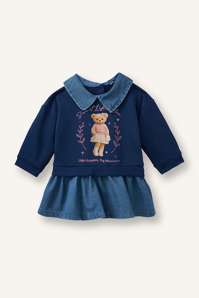 Ayıcıklı Jean Detaylı Elbise Kız Bebek
